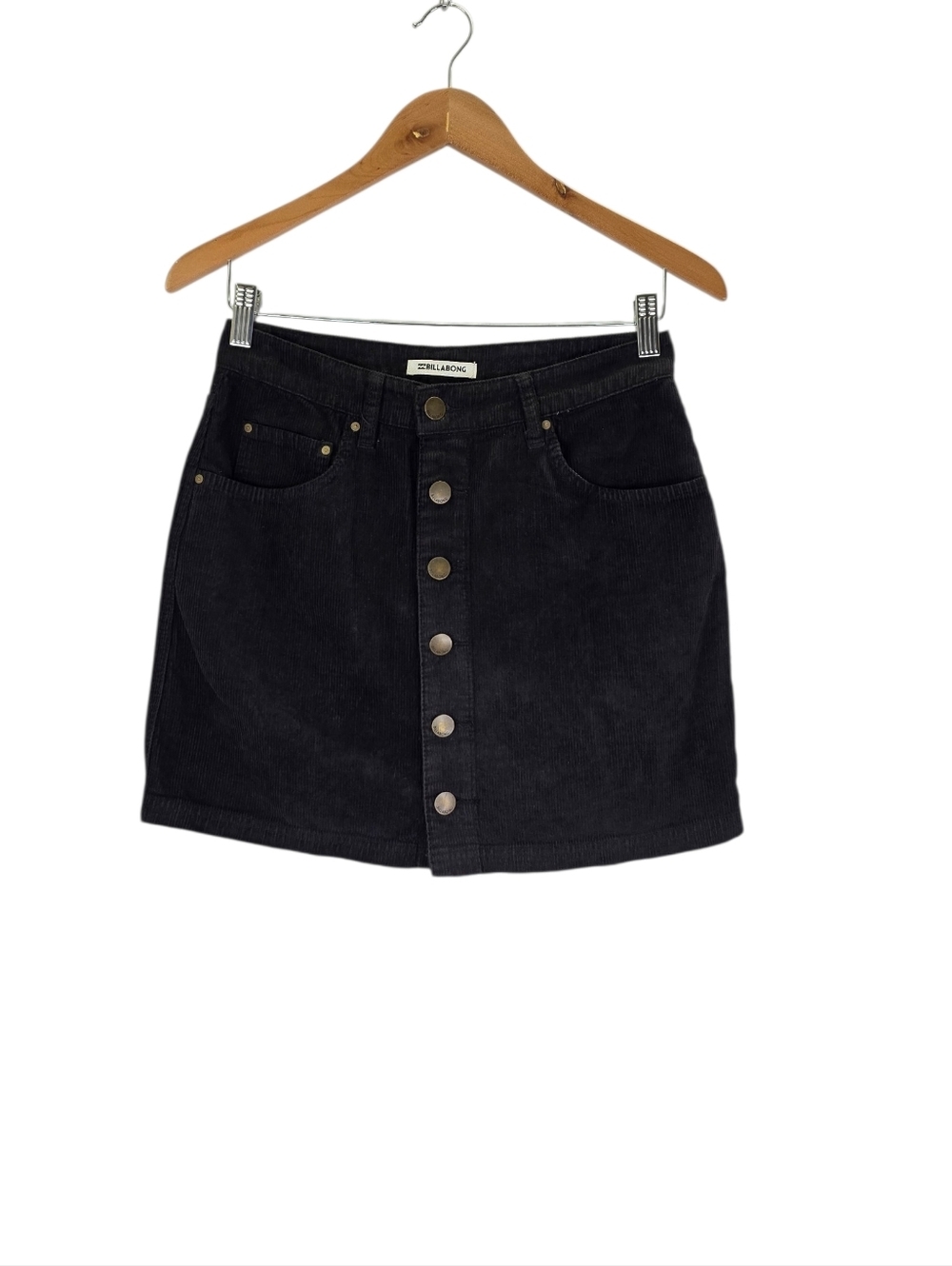 Billabong Women's Push My Buttons Black Corduroy Mini Skirt High Waist Size 27